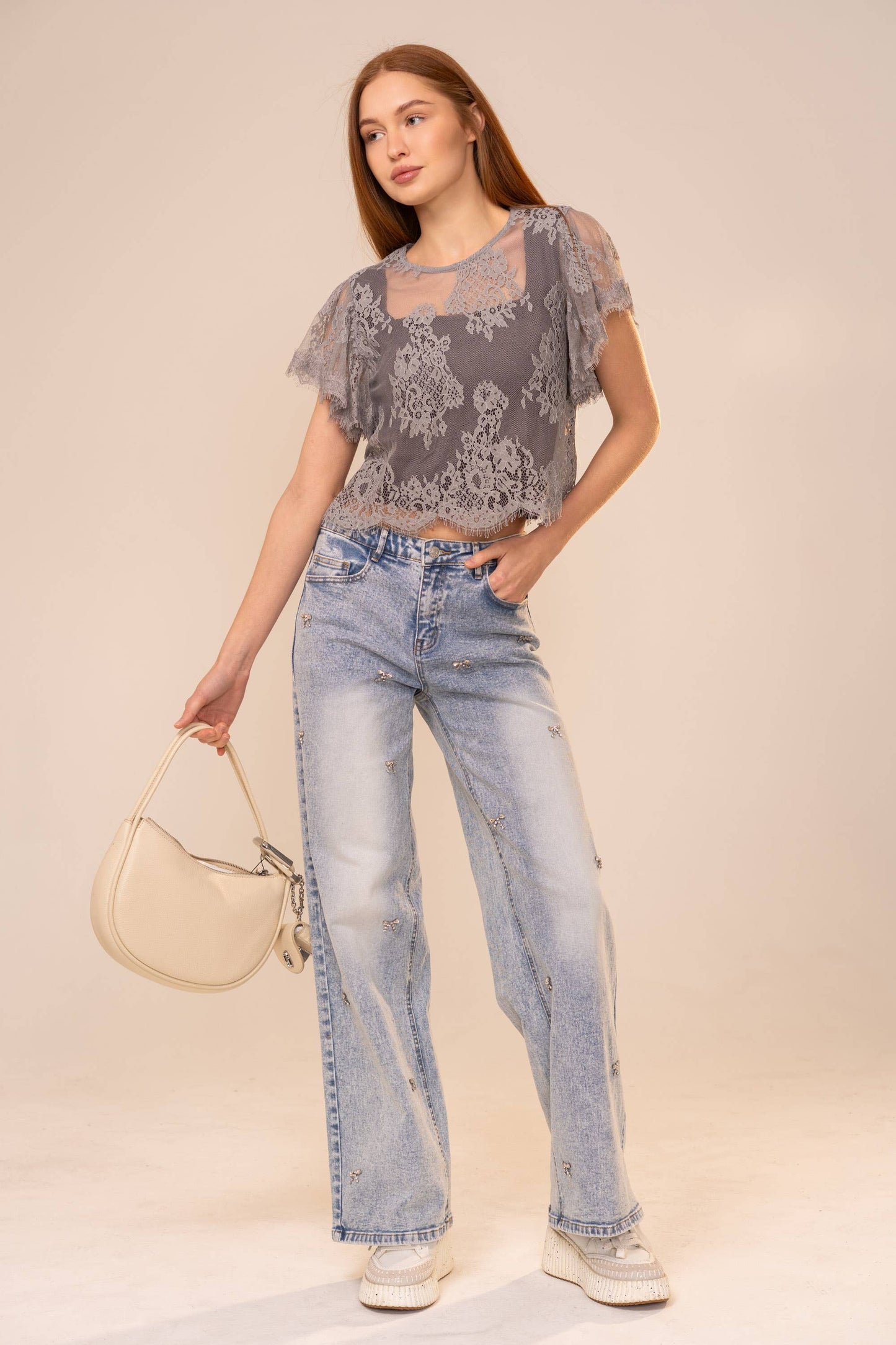 95817T Flutter Sleeve Cropped Lace Top