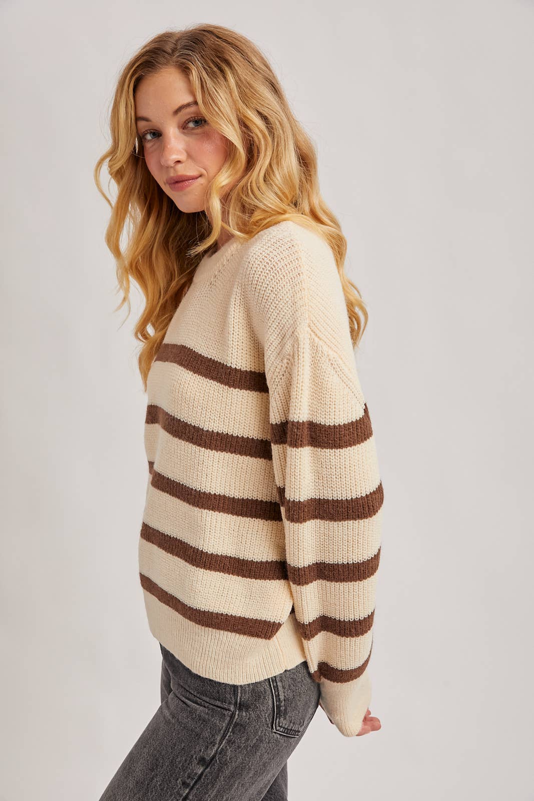 STRIPED CHUNKY RIB-KNIT SWEATER