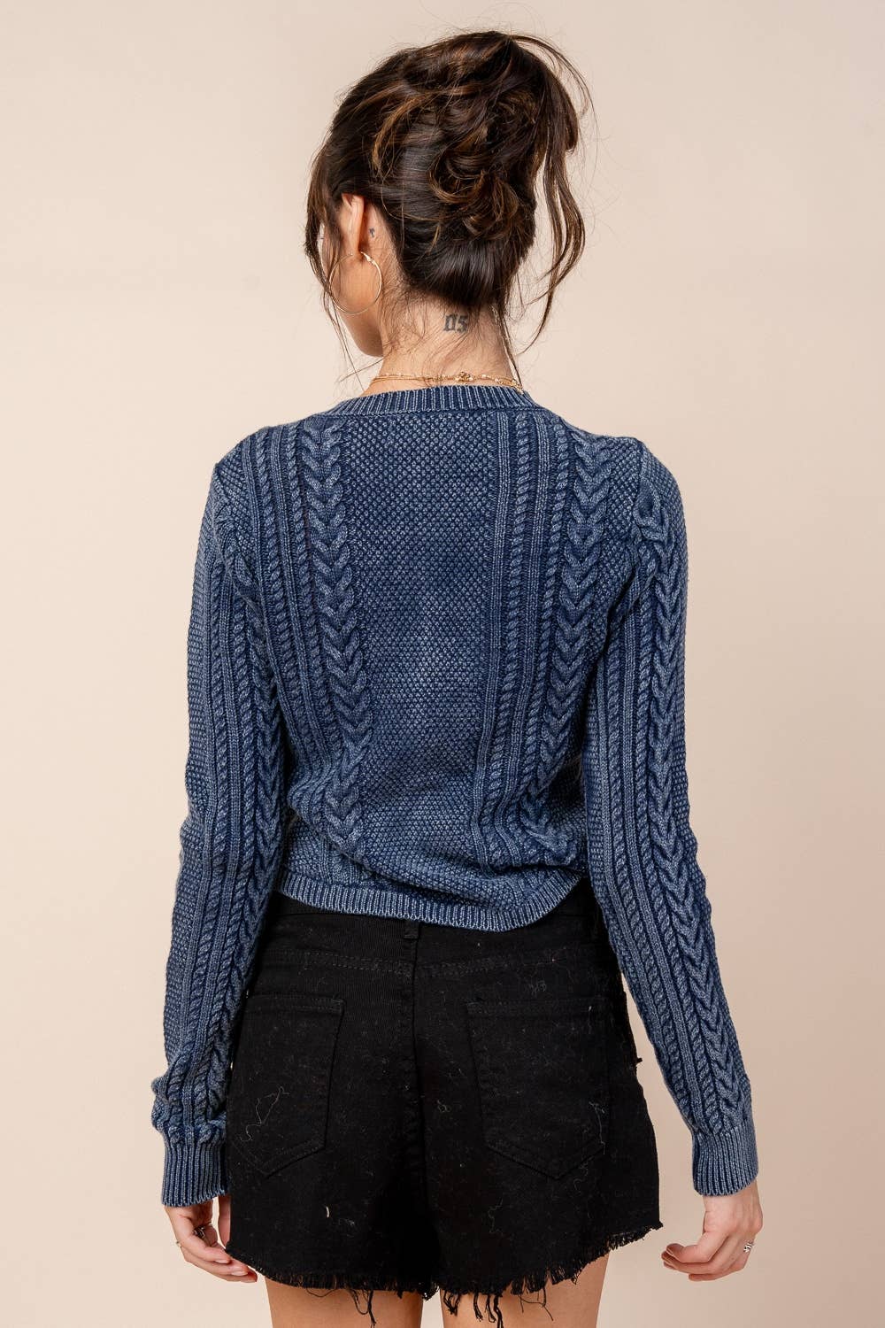 WASHED EFFECT CABLED SWEATER CARDIGAN