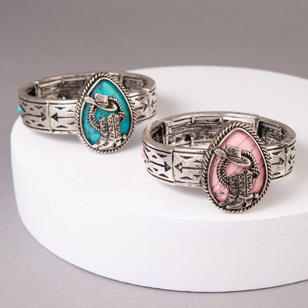 Western Turquoise Hat & Boot Teardrop Stretch Bracelet
