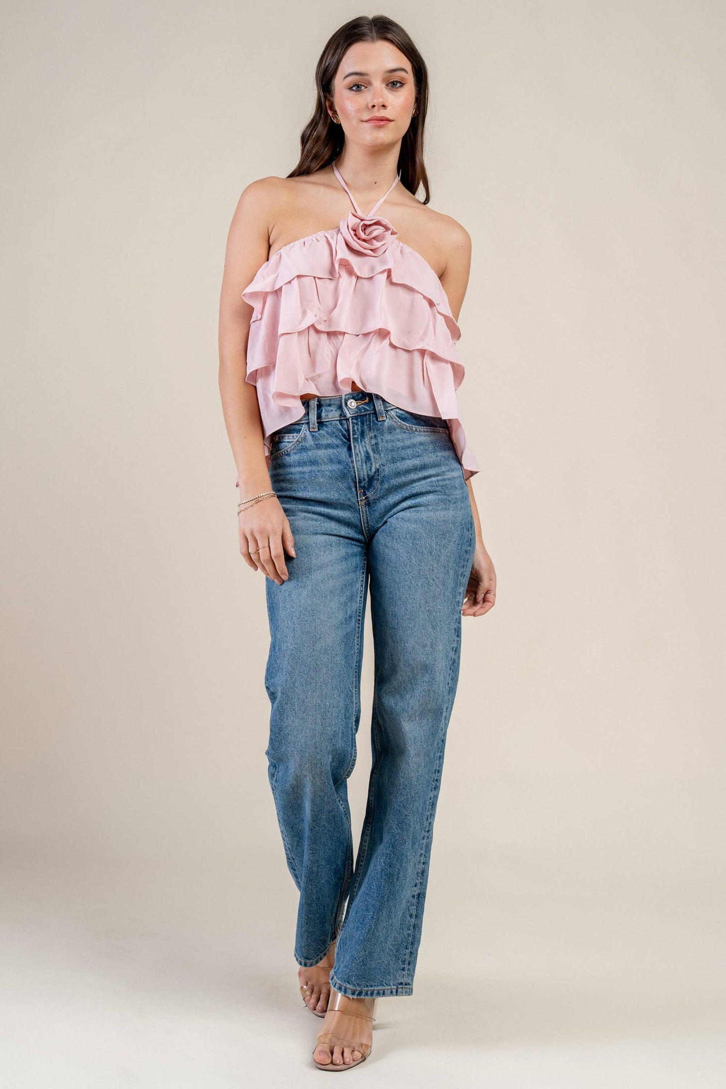 BT2635N ROSETTE HALTER NECK RUFFLED TIERED  TOP