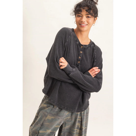 Mineral Wash Waffle Knit Henley Top-Black