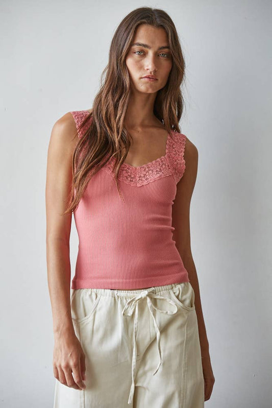 S1217N | Knit Seamless Ribbed Tank Top with Lace Trim