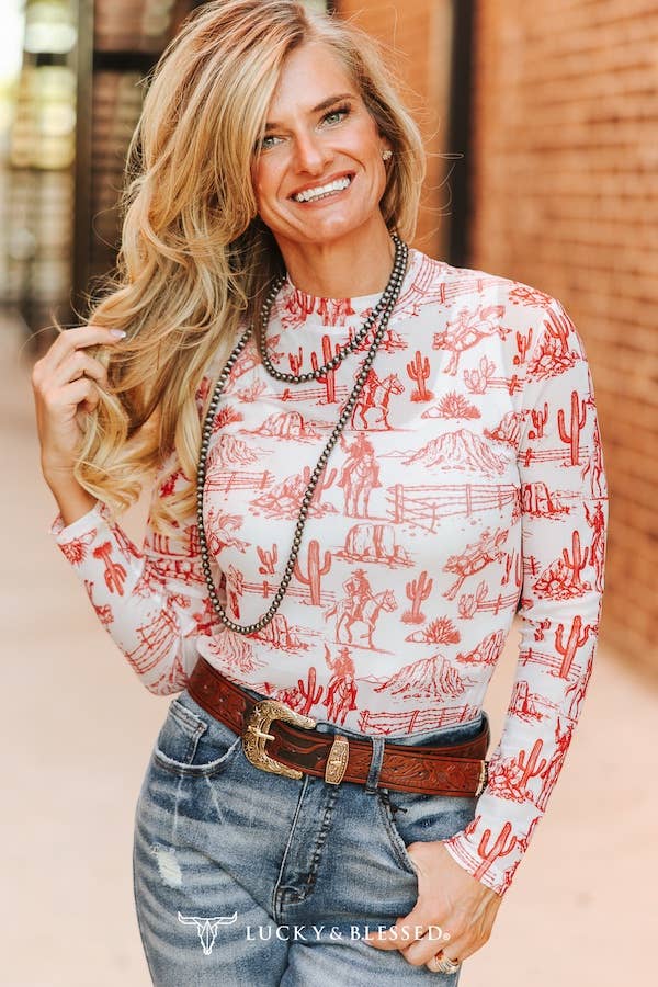 Soft Pink Burgundy Western Printed Long Sleeve Mesh Top