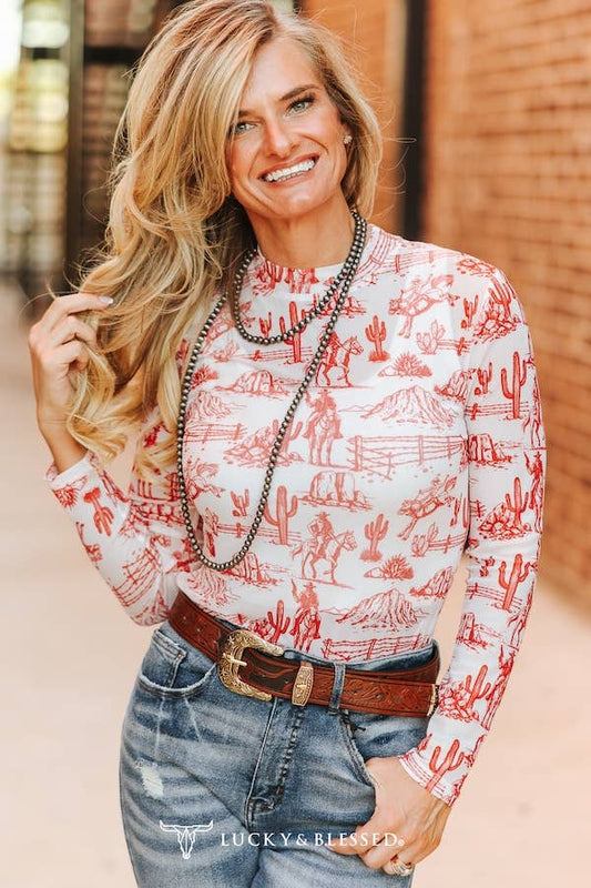 Soft Pink Burgundy Western Printed Long Sleeve Mesh Top