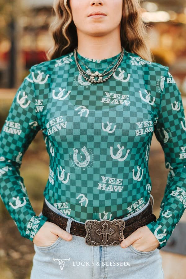 Teal Checkered Horse Shoe Printed Long Sleeve Mesh Top
