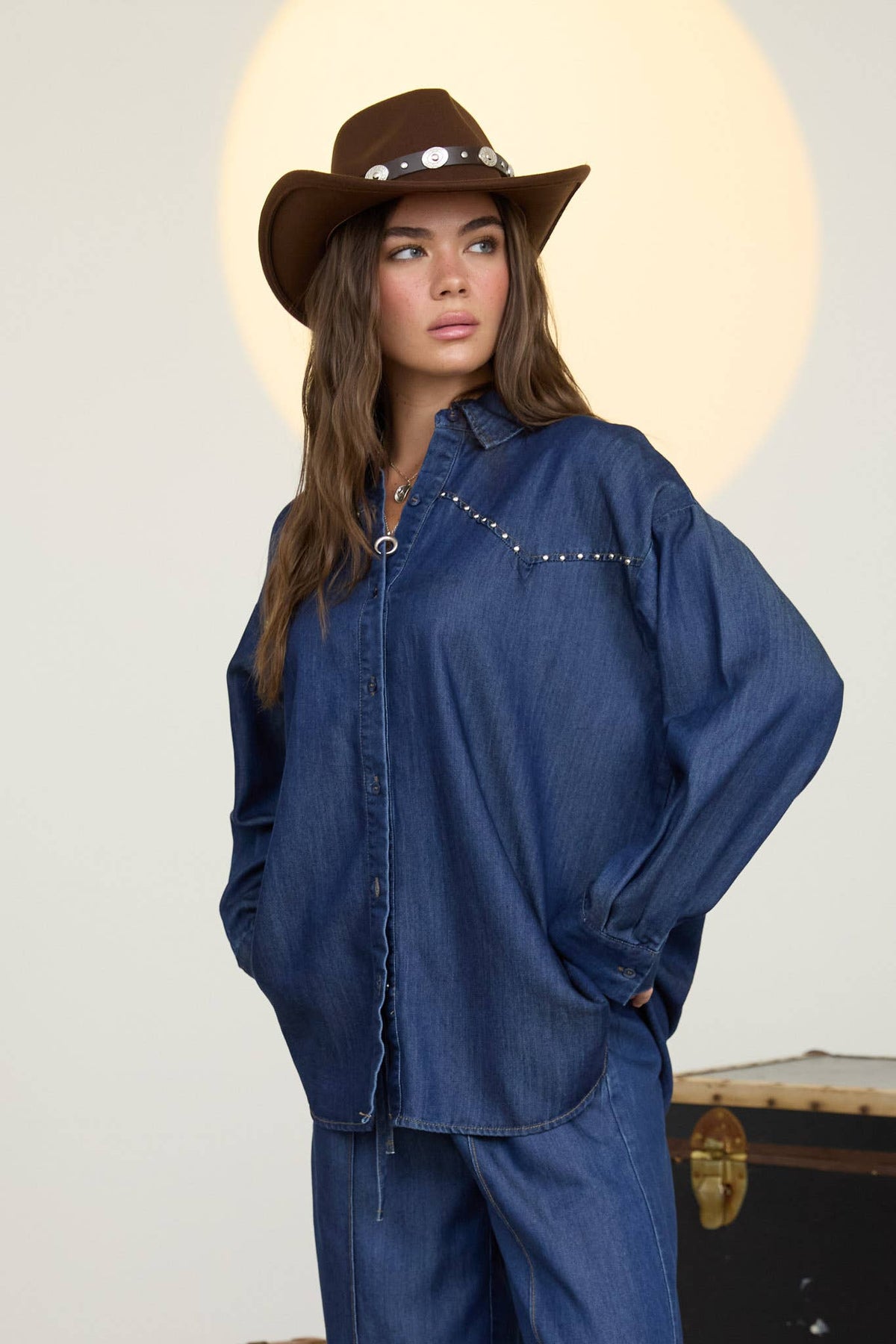 COLLARED BUTTON DOWN STUD DETAIL DENIM SHIRT