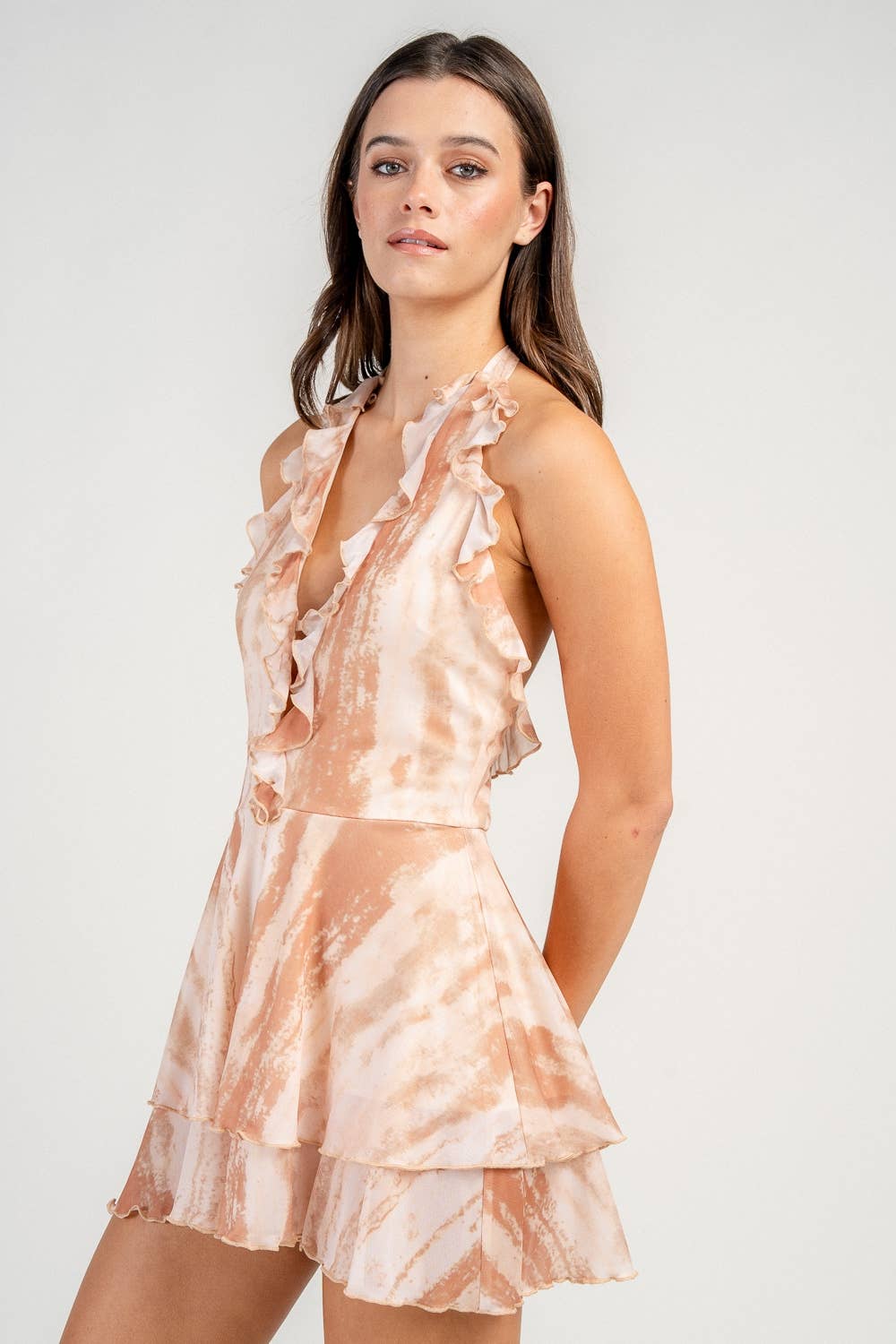 CJ40032N MESH HALTER DEEP V-NK RUFFLED ROMPER