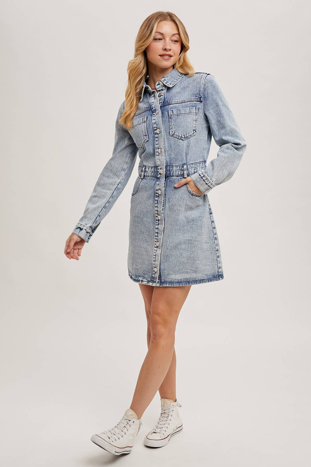 DENIM BUTTON DOWN SHIRT MINI DRESS