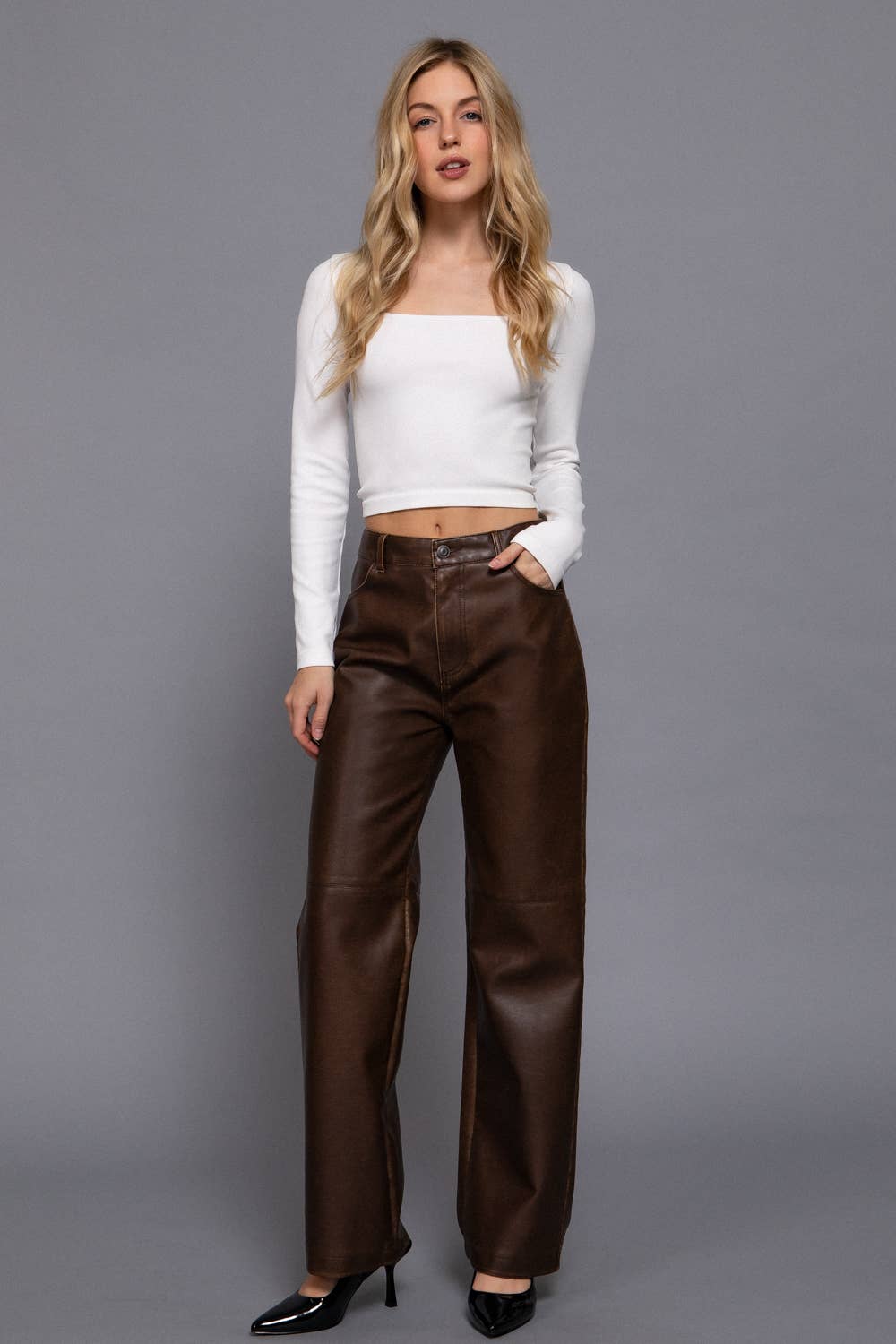 Washed Faux Leather Long Pants