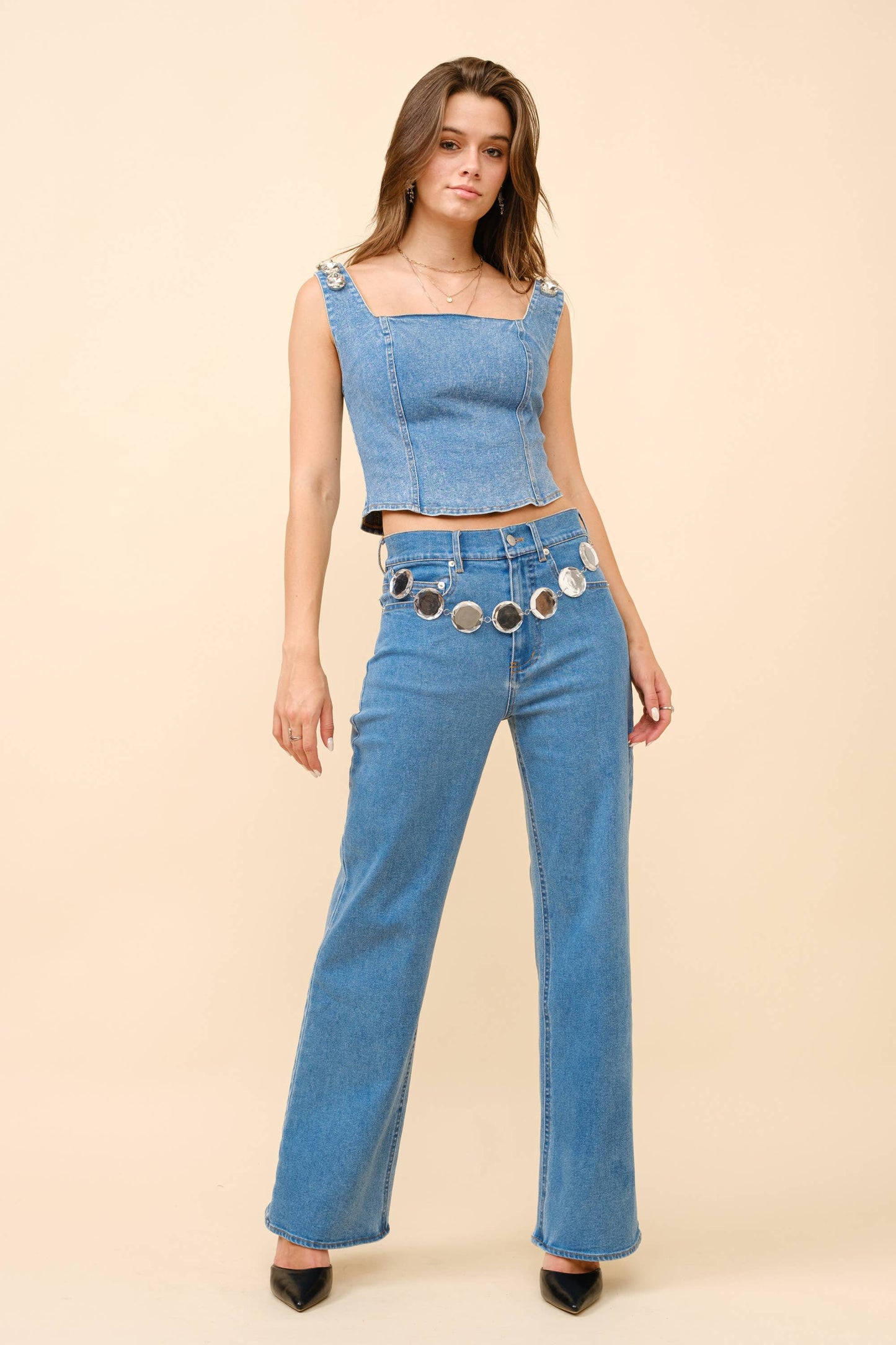 23124T - Jumbo Crystal Corset Denim Top