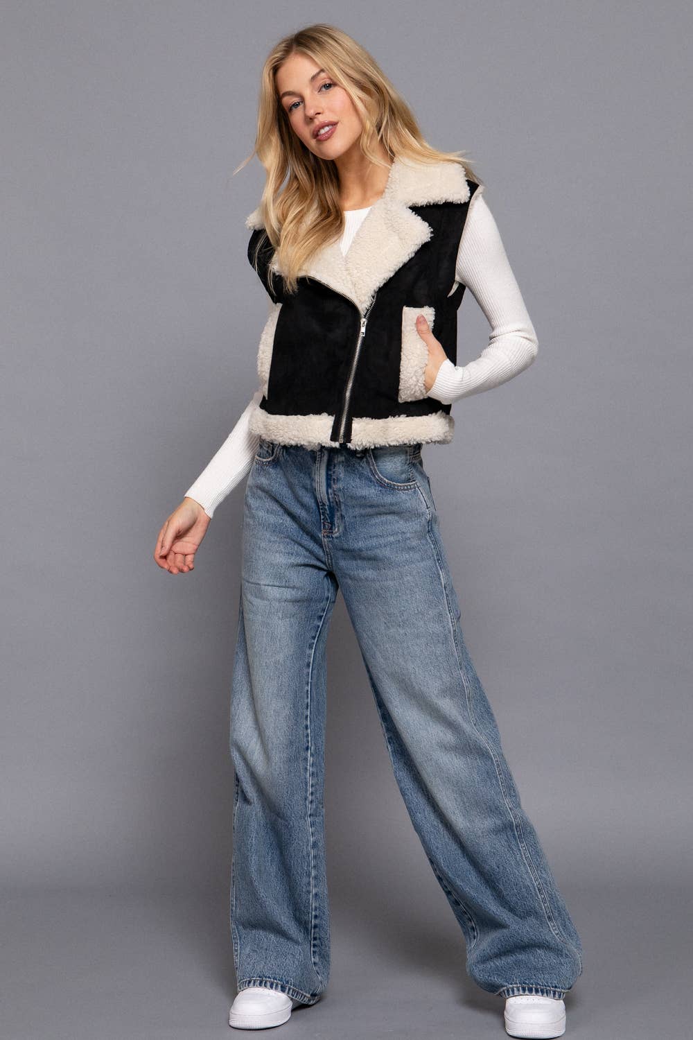 Faux Suede Inner Fur Zip Up Vest