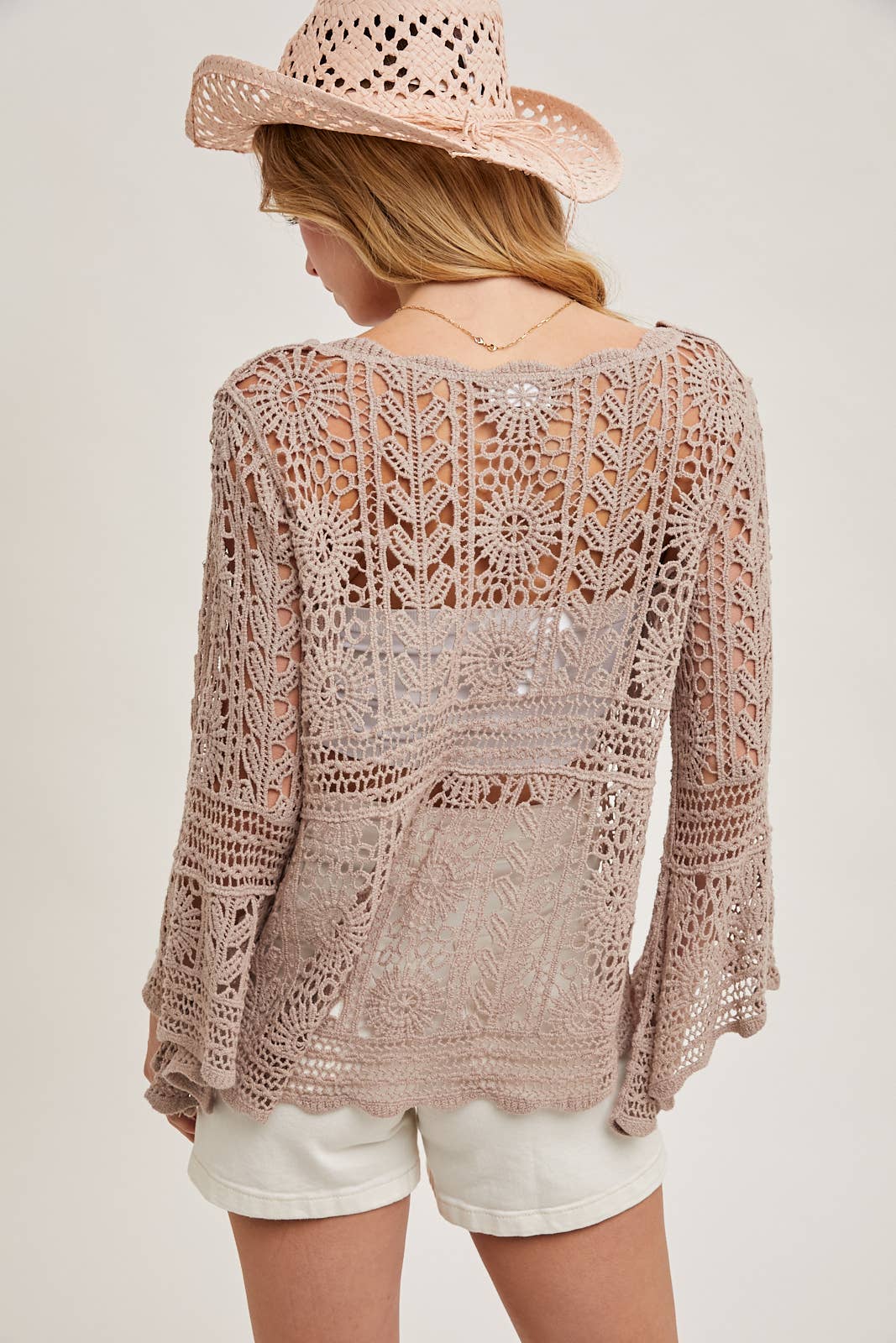 CROCHET SHEER BELL-SLEEVE PULLOVER TOP