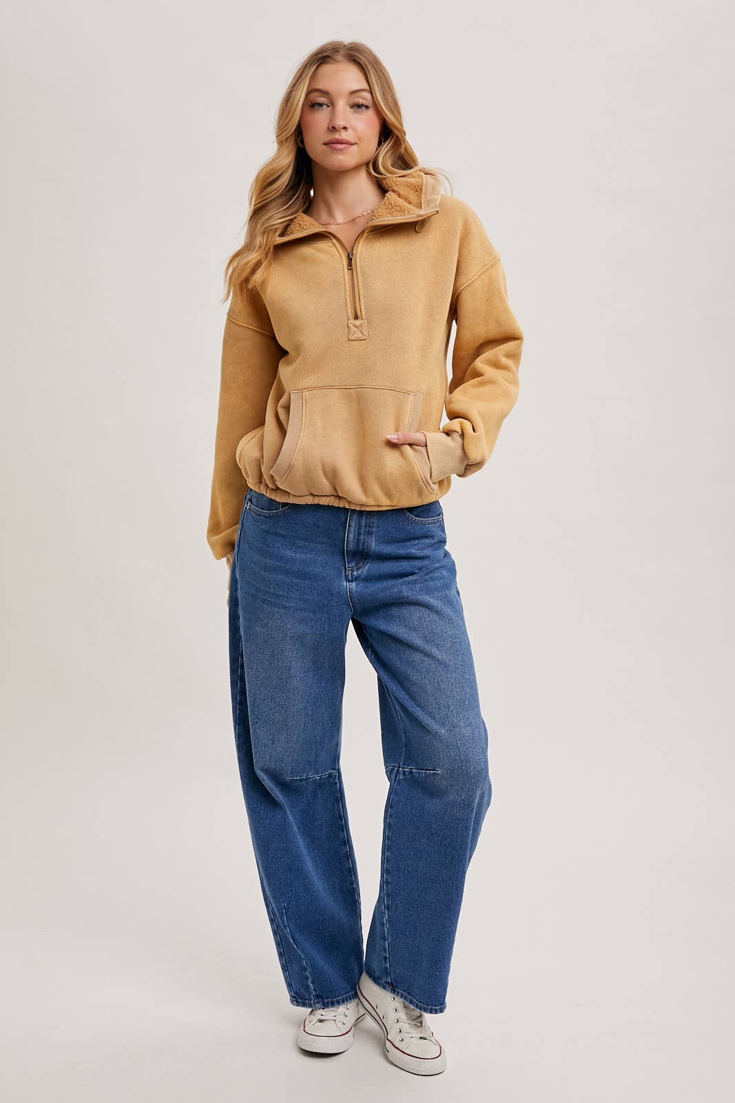 HALF ZIPPER FRONT HOODIE SWEATSHIRT WITH INNER FLEECE