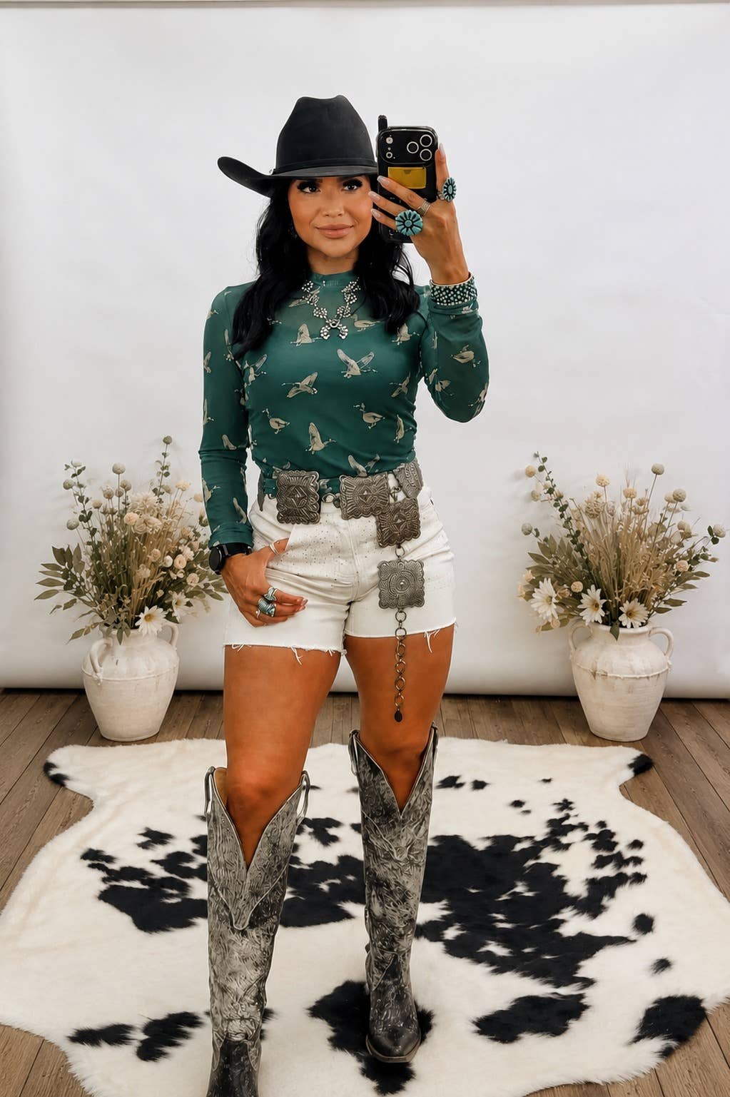 Green Duck Print Long Sleeve Stretch Mesh Top