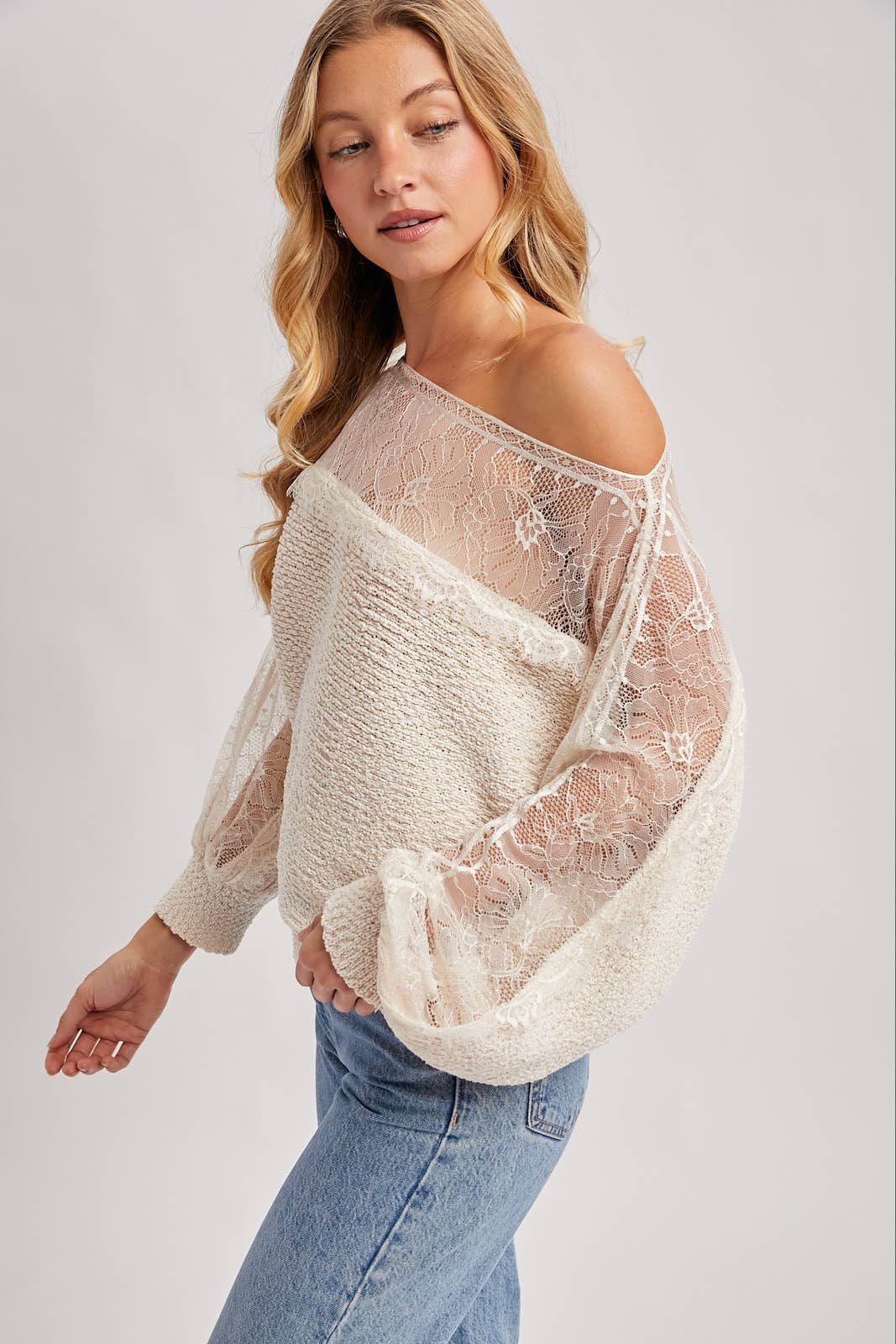 BOAT NECK LACE TRIMMED KNIT SWEATER PULLOVER
