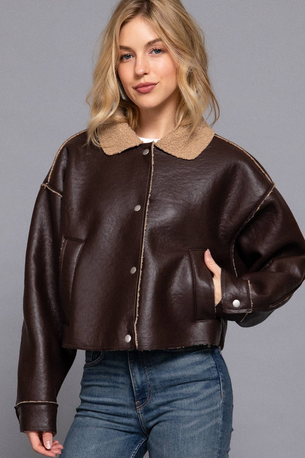 Long Sleeve Faux Leather Inner Fur Jacket