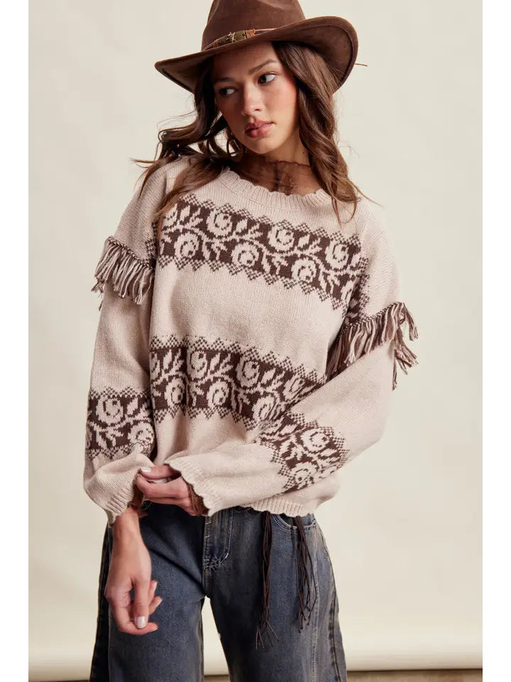 Western Fringe Pattern Knit Sweater