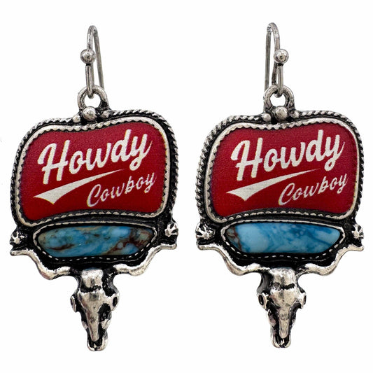 Howdy Cowboy Red Turquoise Longhorn Western Earrings
