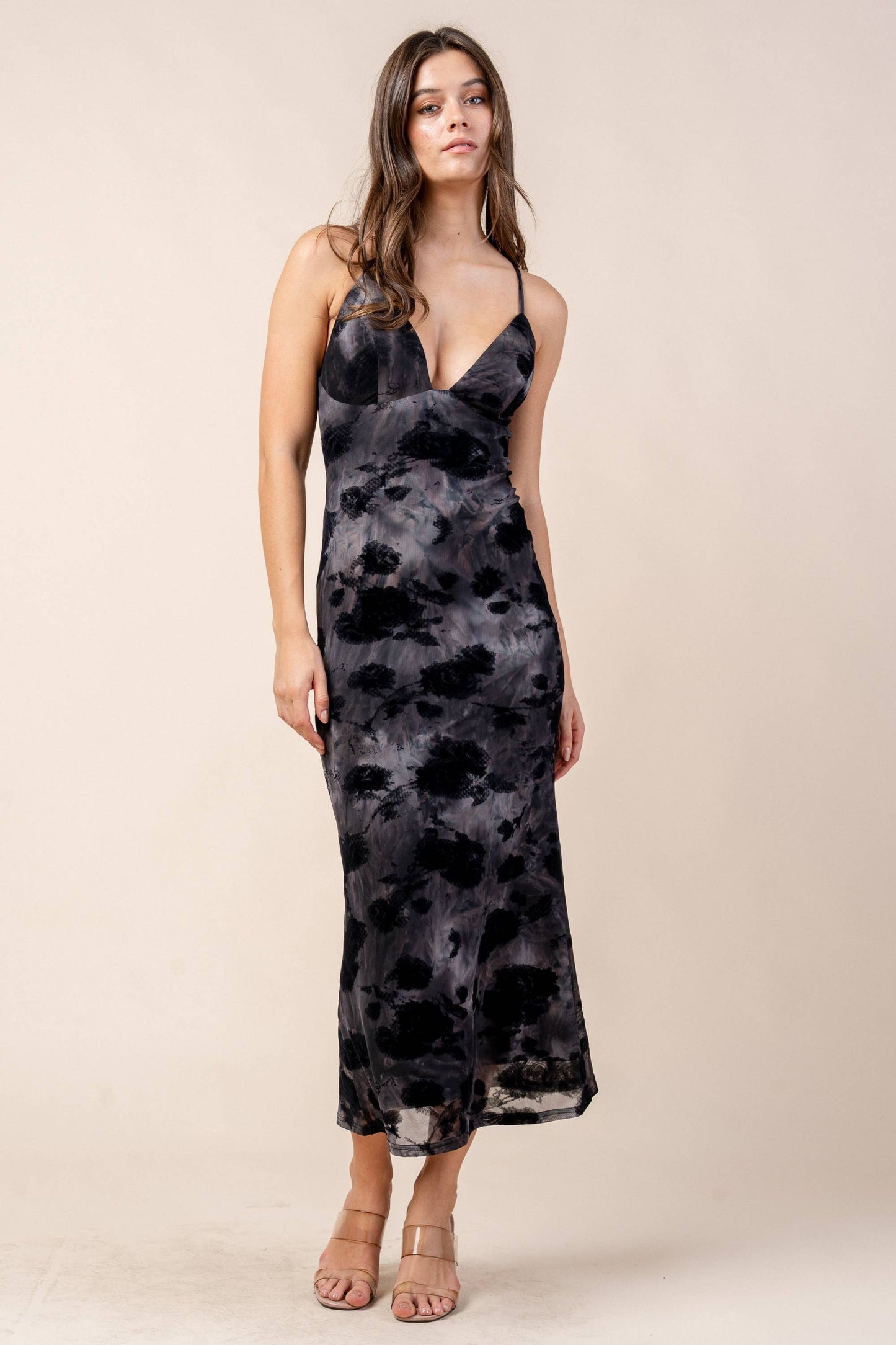 MESH PRINT MAXI DRESS