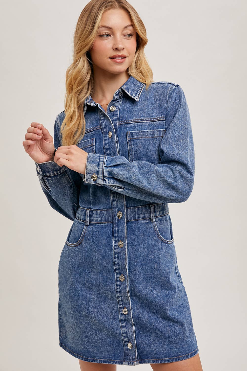 DENIM BUTTON DOWN SHIRT MINI DRESS