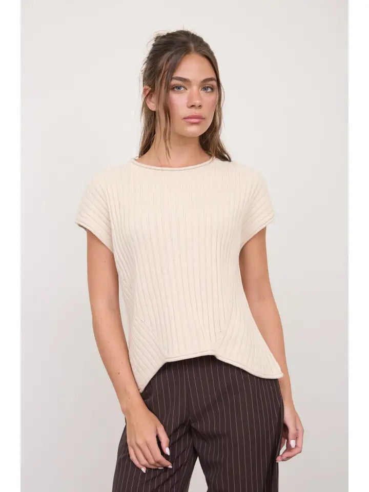Rolled Trim Ribbed Short Sleeve Pullover