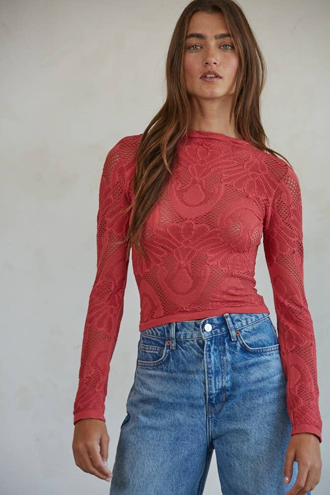 S1228 | Knit Seamless Jacquard Mock Neck Long Sleeve Top