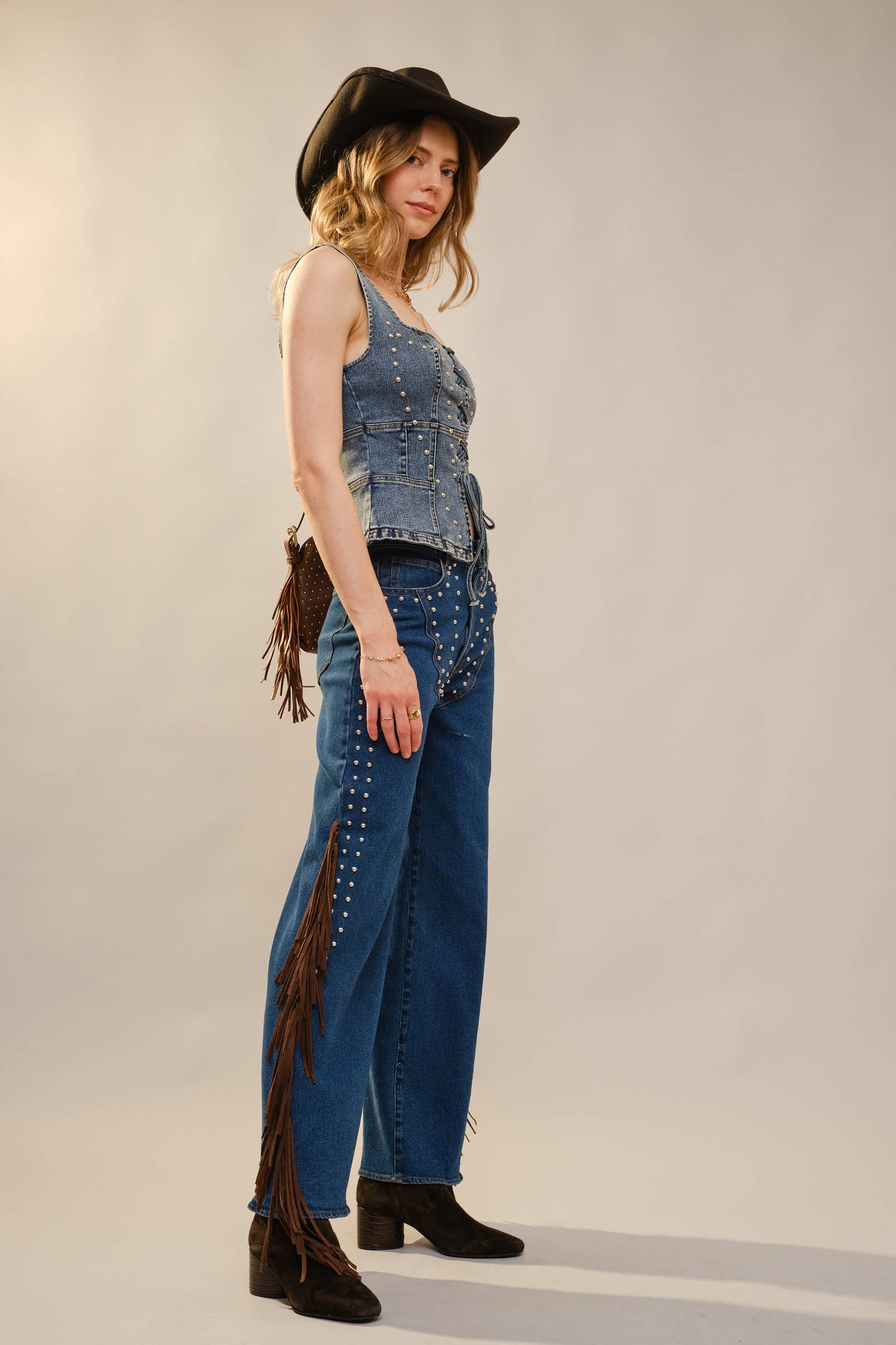 23685T - Square Neck Metal Studs Lace-Up Top