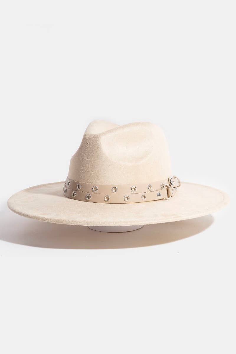 Double Grommet Strap Faux Suede Fedora Hat