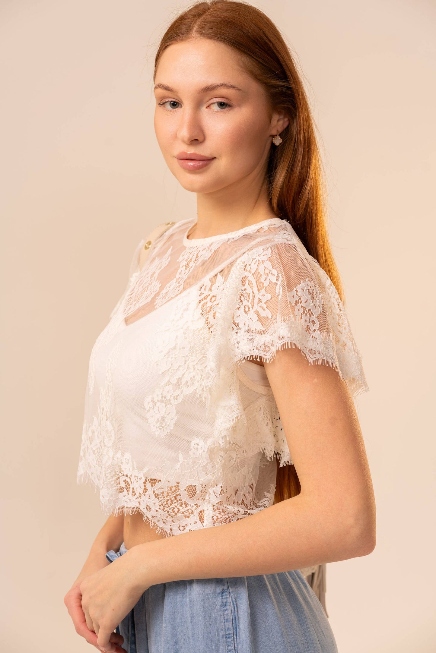 95817T Flutter Sleeve Cropped Lace Top