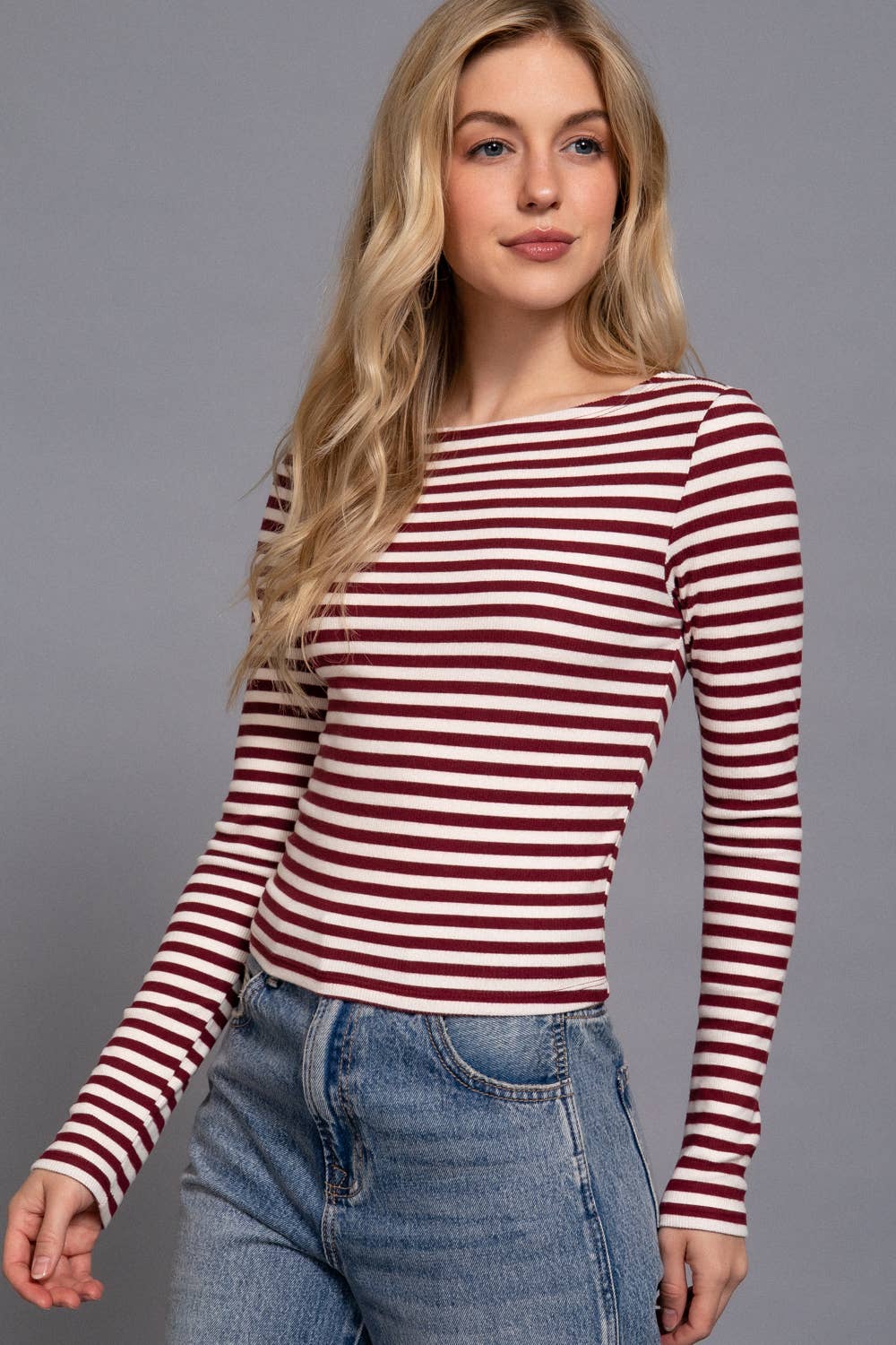 Long Sleeve Boat Neck Stripe Brushed Rib Top