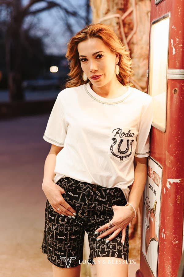 White Rodeo Horse Shoe Embroidered Short Sleeve Tee