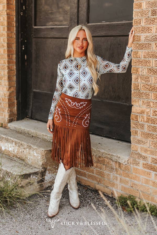 Brown Stretch Suede Boot Stitch Embroidered Studded Skirt