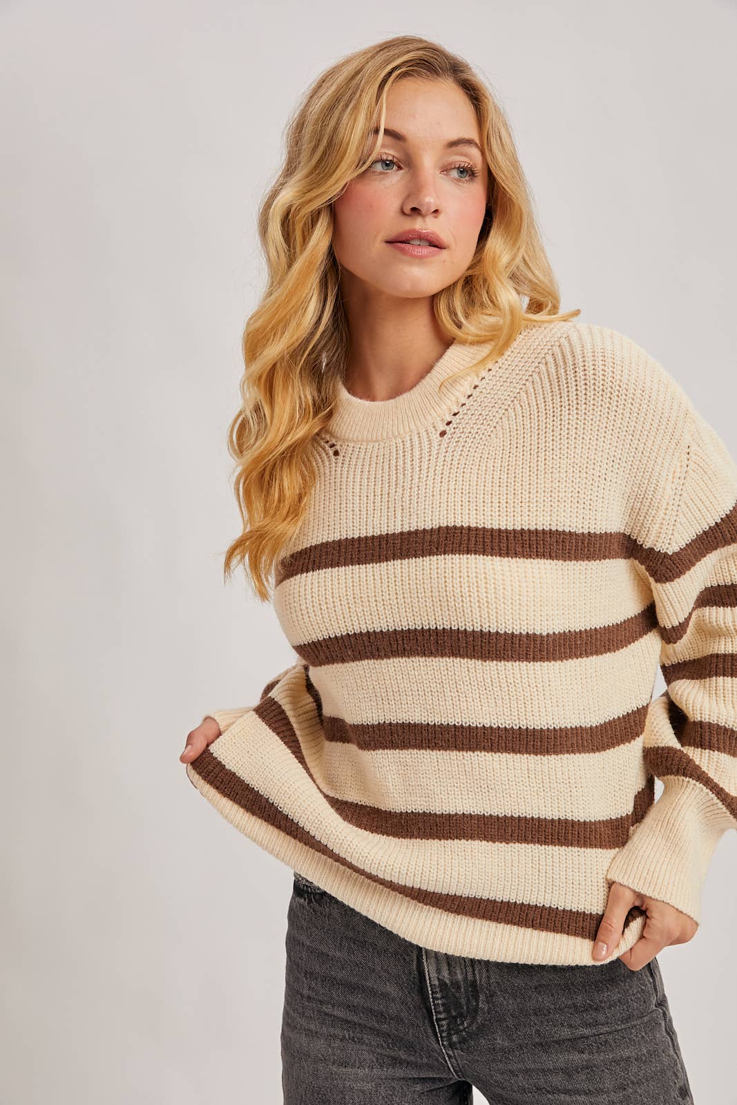 STRIPED CHUNKY RIB-KNIT SWEATER