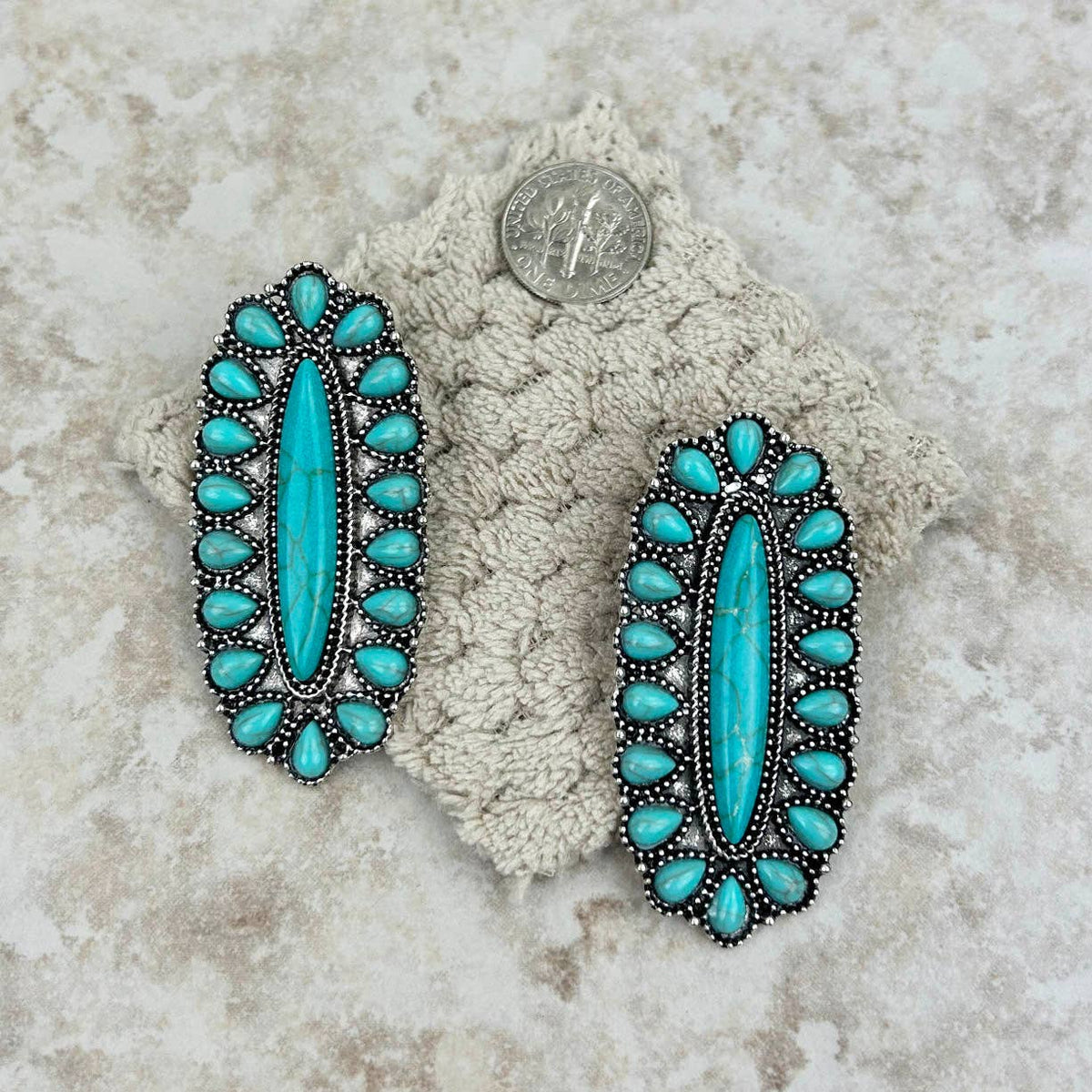 ER220430-04-BLUE     Silver with turquoise stones oval concho post Earrings