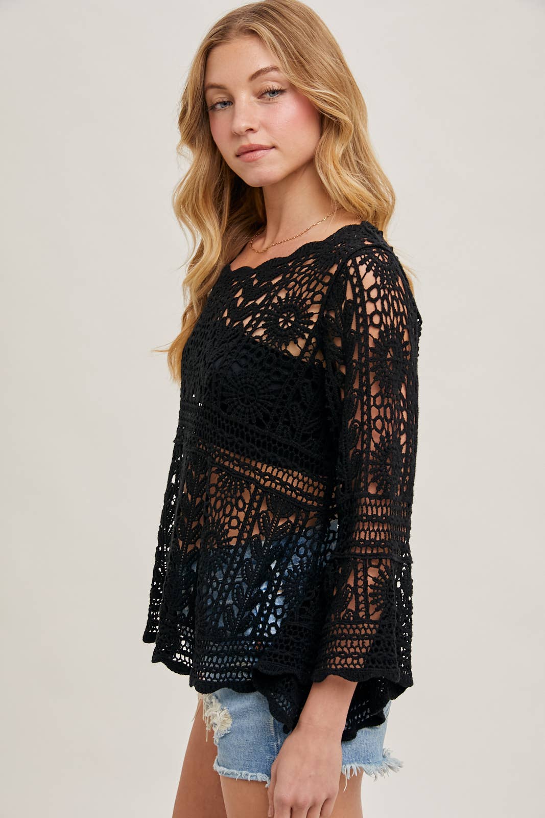 CROCHET SHEER BELL-SLEEVE PULLOVER TOP