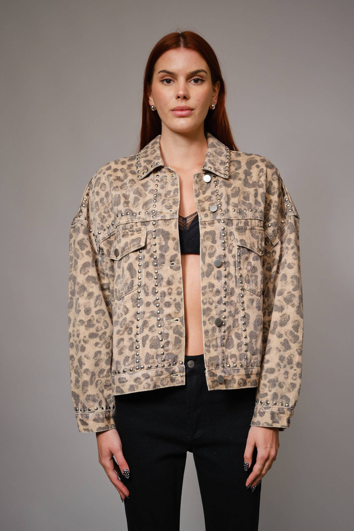 91559J - Studded Leopard Denim Jacket