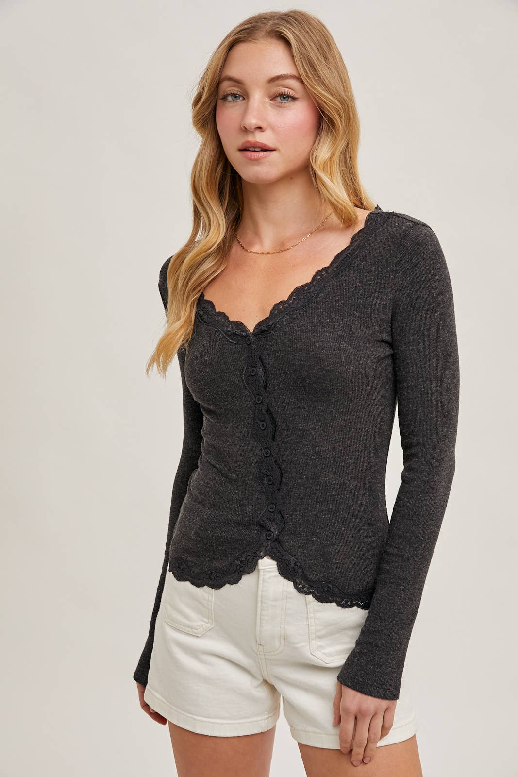 BUTTON DOWN LACE TRIMMED KNIT CARDIGAN TOP