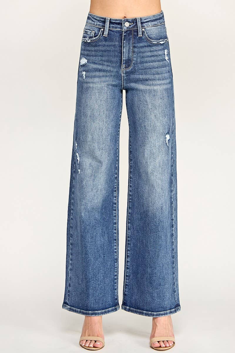 P1635W-MD DESTROYED HIGH RISE STRETCH SLIM PALAZZO WIDE LEG