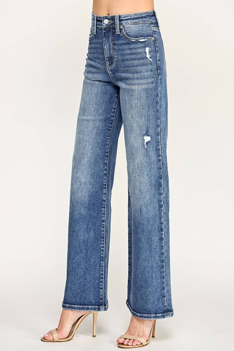 P1635W-MD DESTROYED HIGH RISE STRETCH SLIM PALAZZO WIDE LEG