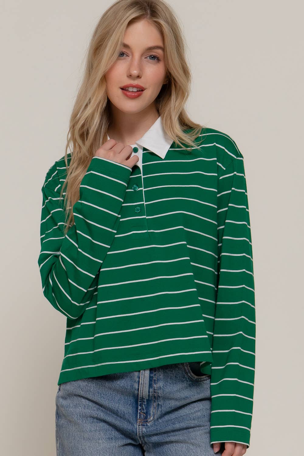 Long Sleeve Y/D Stripe Cotton Polo Shirt