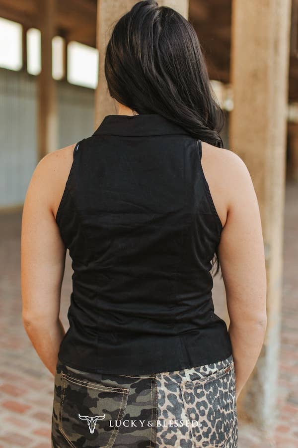 Black Sleeveless Snap Button Down Collared Concho Tip Shirt