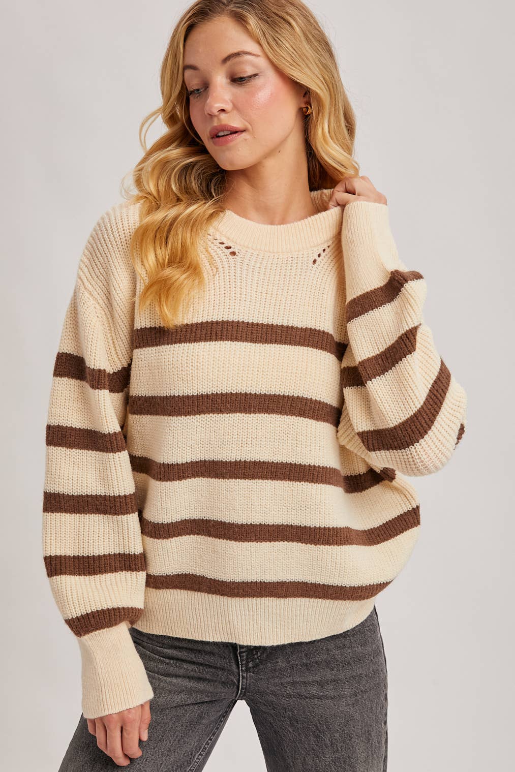 STRIPED CHUNKY RIB-KNIT SWEATER
