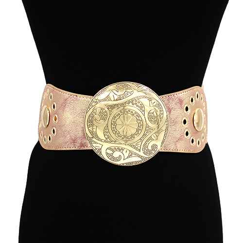 ENGRAVED ROUND WESTERN BUCKLE LEATHER ELASTIC BELT, KM 1647