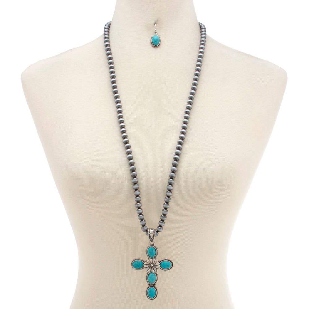 WESTERN TURQUOISE CROSS PENDANT NECKLACE, SS 2365