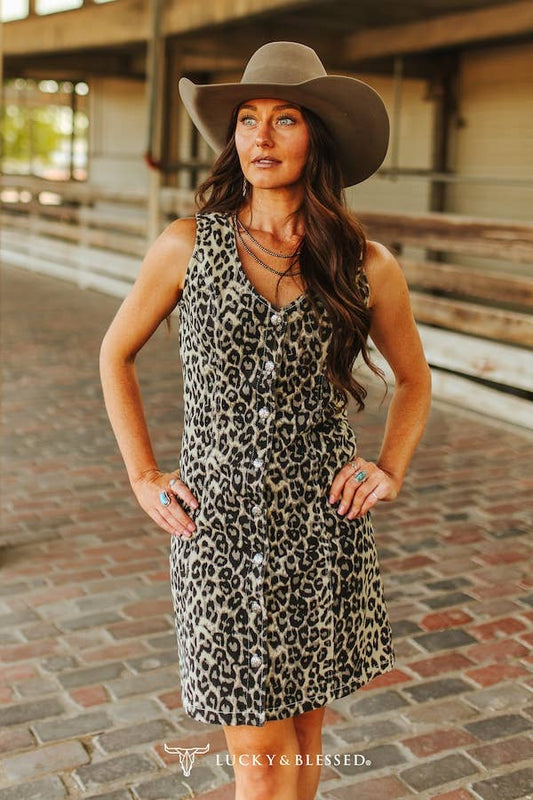 Brown Leopard Stretch Denim Button Down Dress