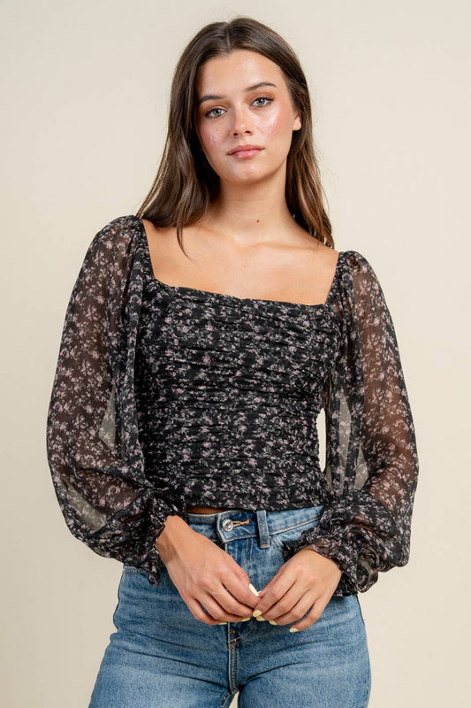 FLORAL RUCHED MESH BLOUSE