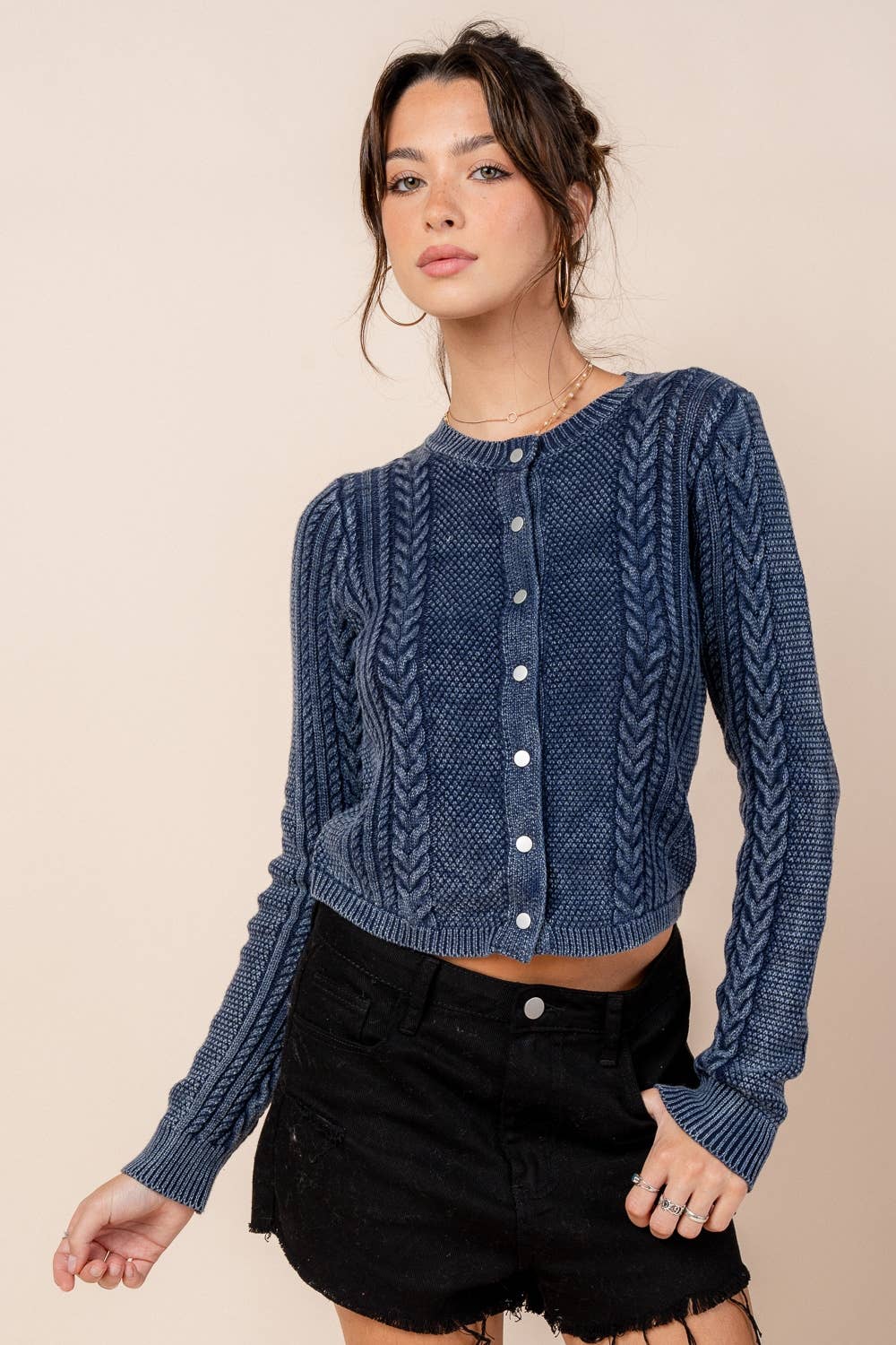 WASHED EFFECT CABLED SWEATER CARDIGAN