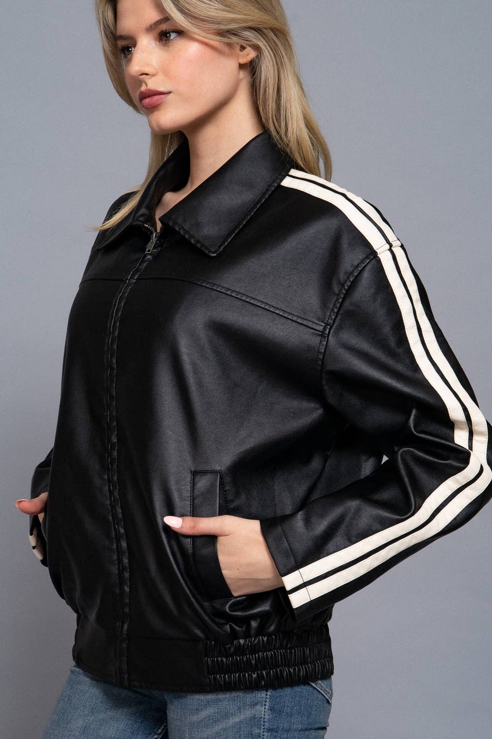 Long Sleeve Line Detail Faux Leather Jacket