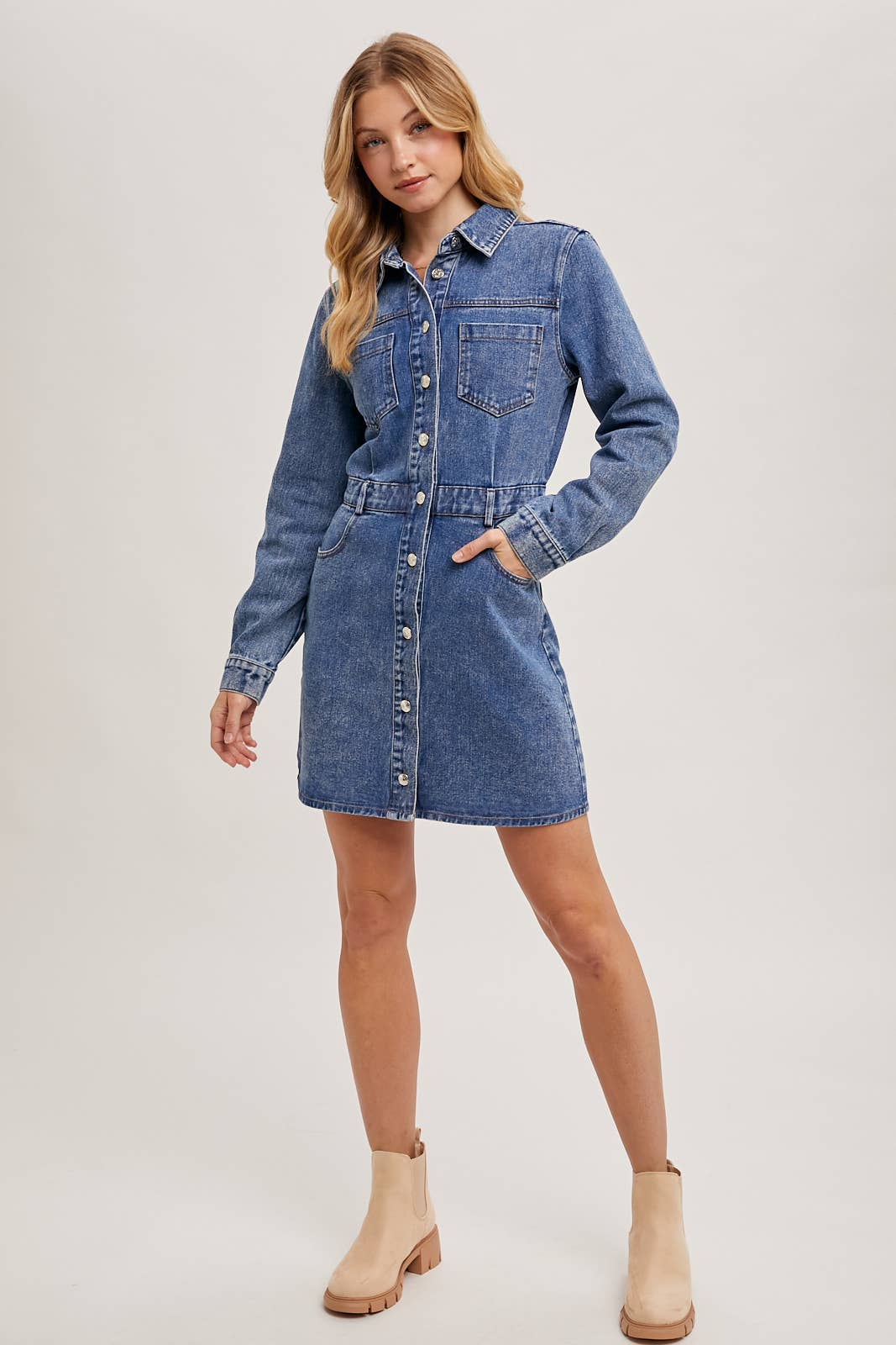DENIM BUTTON DOWN SHIRT MINI DRESS